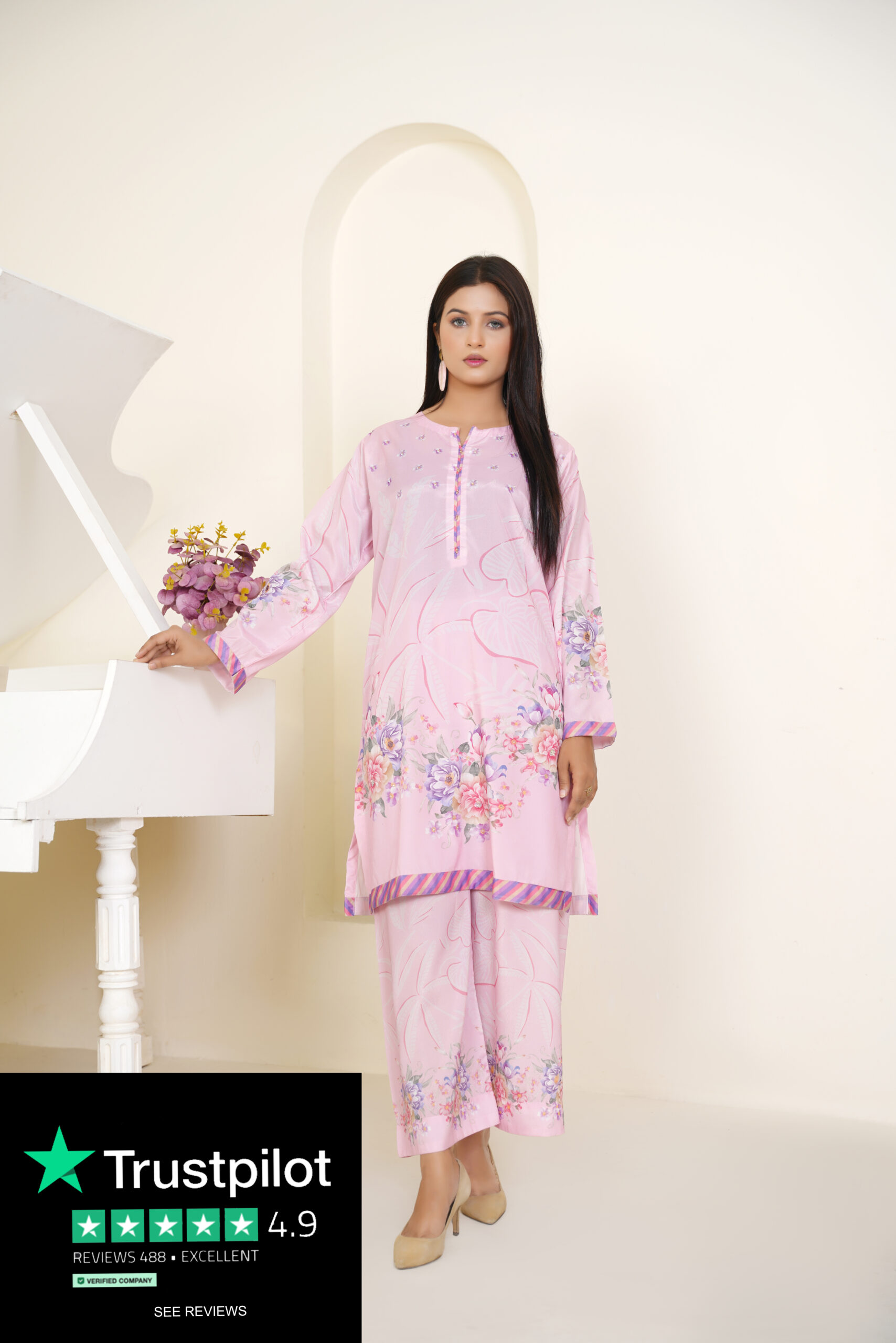 Luxury Pastel Pink Floral Printed Silk 2-Piece Suit - Image 2