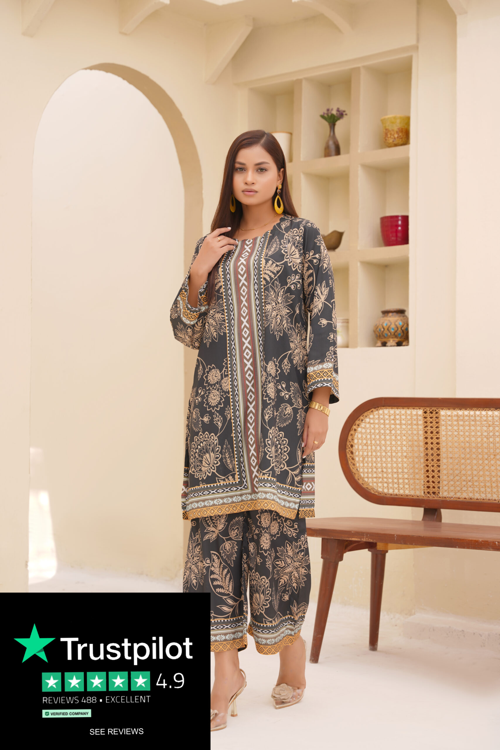 Golden Grace Printed Silk Two-Piece Set - Image 2