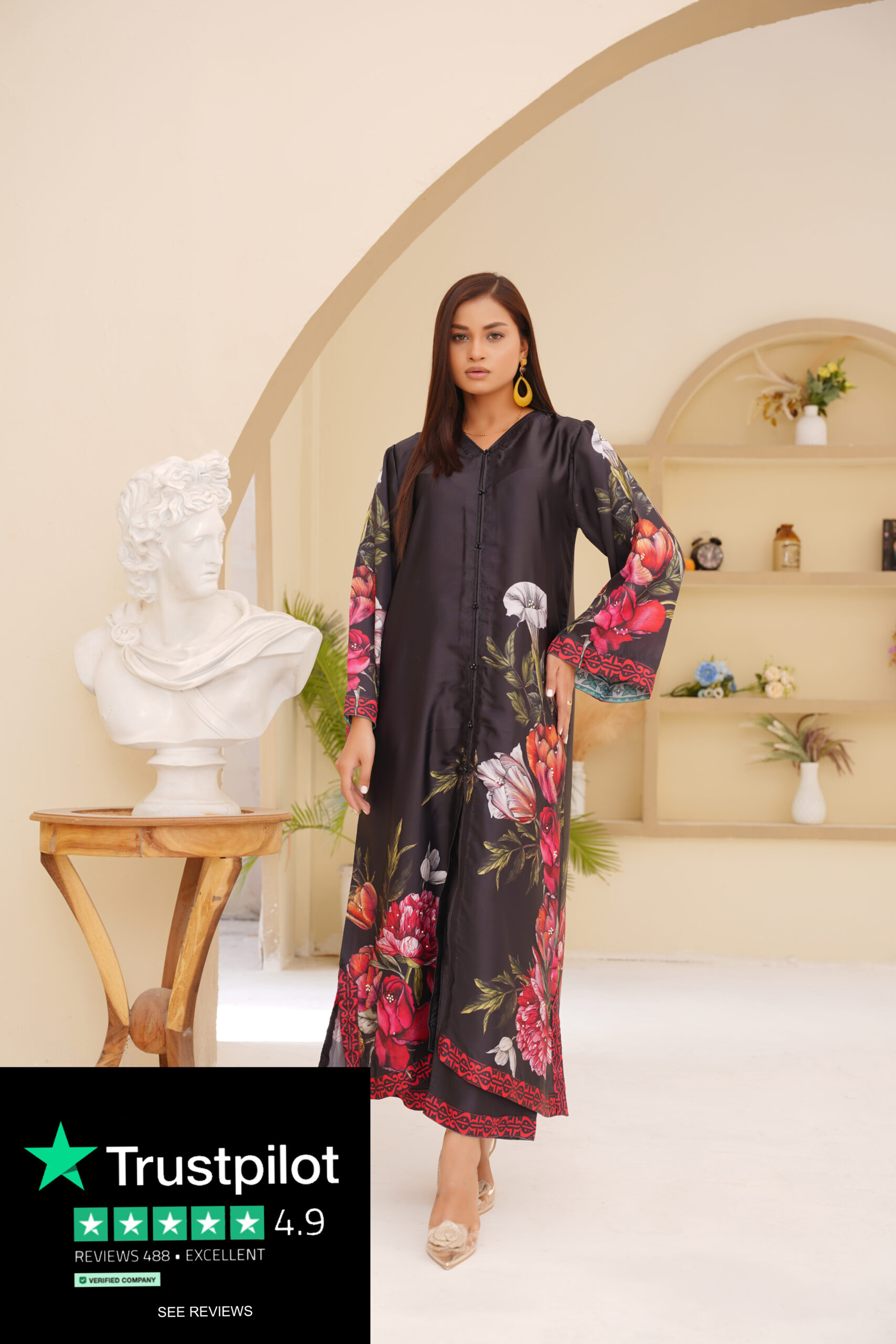 Midnight Bloom Printed Black Floral Kaftan - Image 2