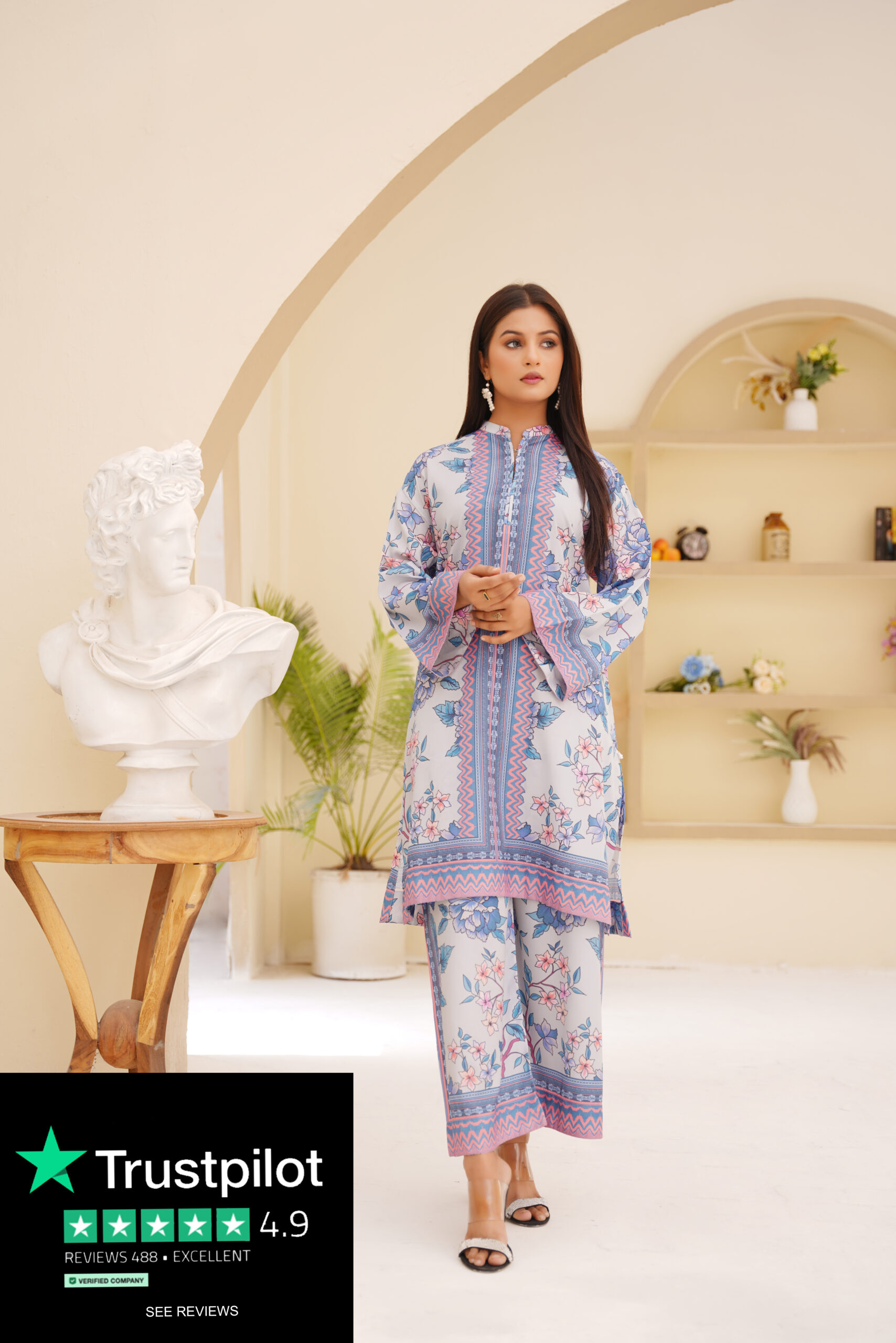 Blue Blossom Printed Silk 2-Piece Elegant Floral Ensemble by Sophia’s Closet - Image 2