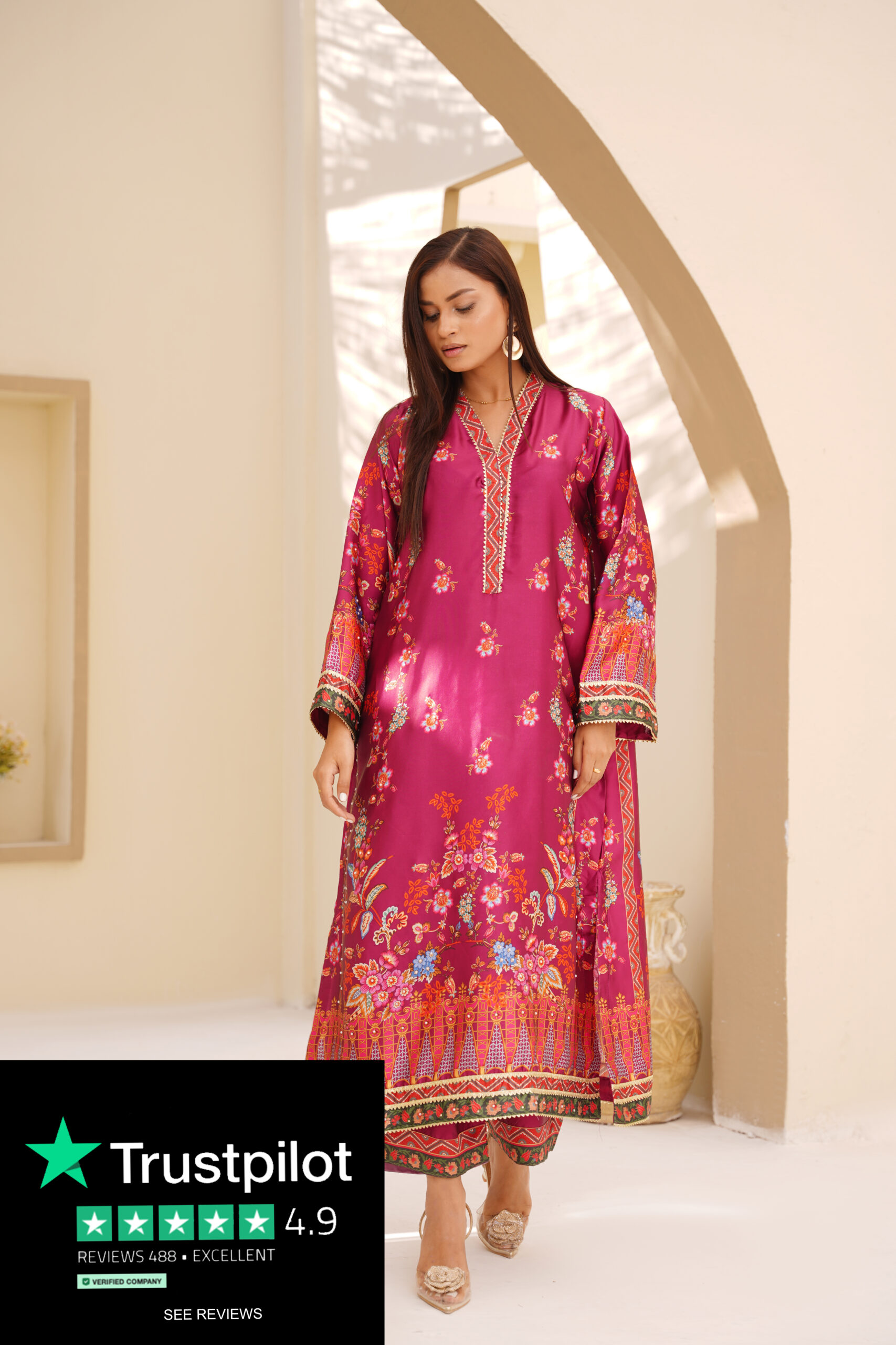 Crimson Bloom Printed Silk 2-Piece Vibrant Festive Ensemble - Image 2