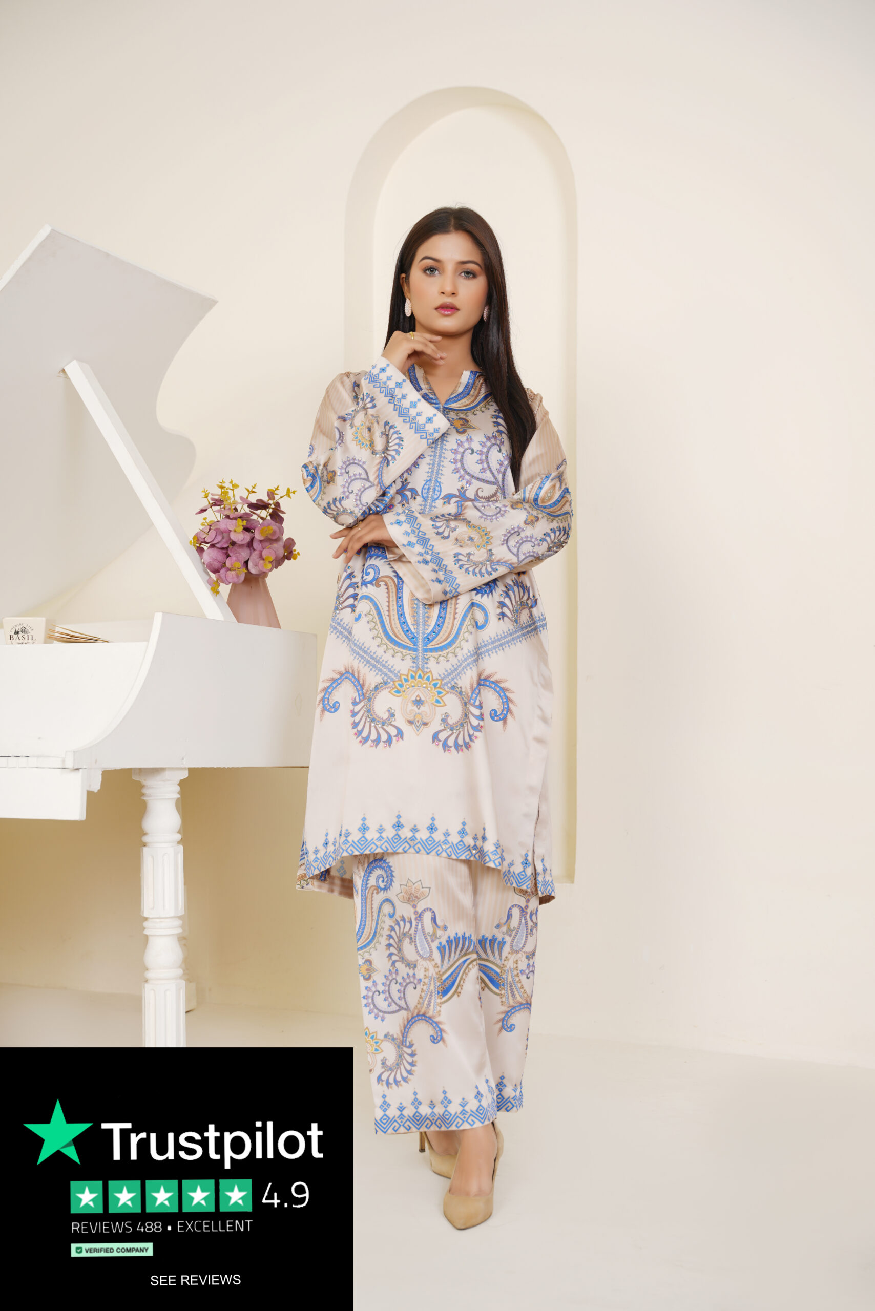 Ivory Elegance Printed Silk 2-Piece – Classic Blue & Gold Ensemble by Sophia’s Closet - Image 2