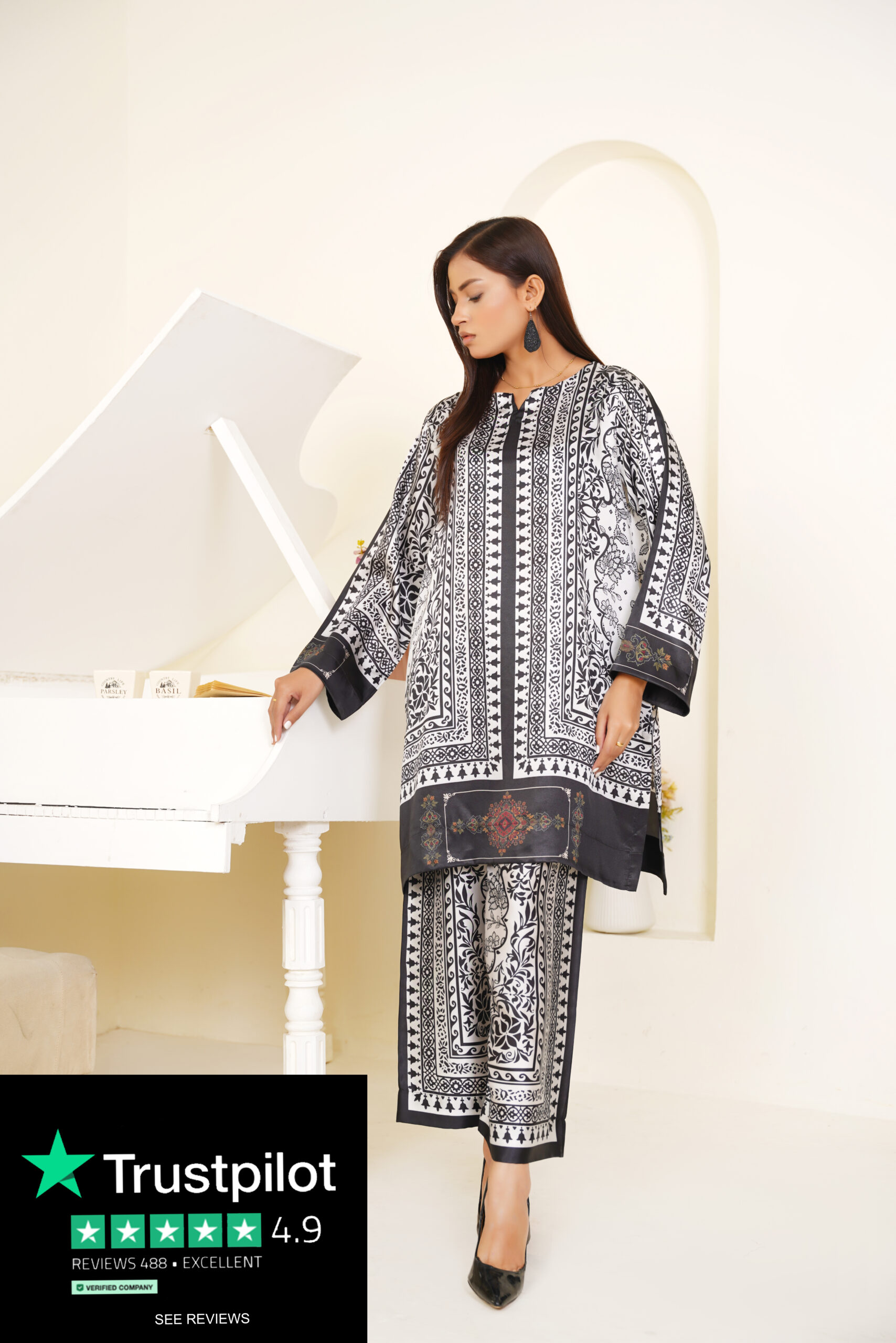 Noir Majesty Printed Silk 2-Piece – Black & White Luxe - Image 2