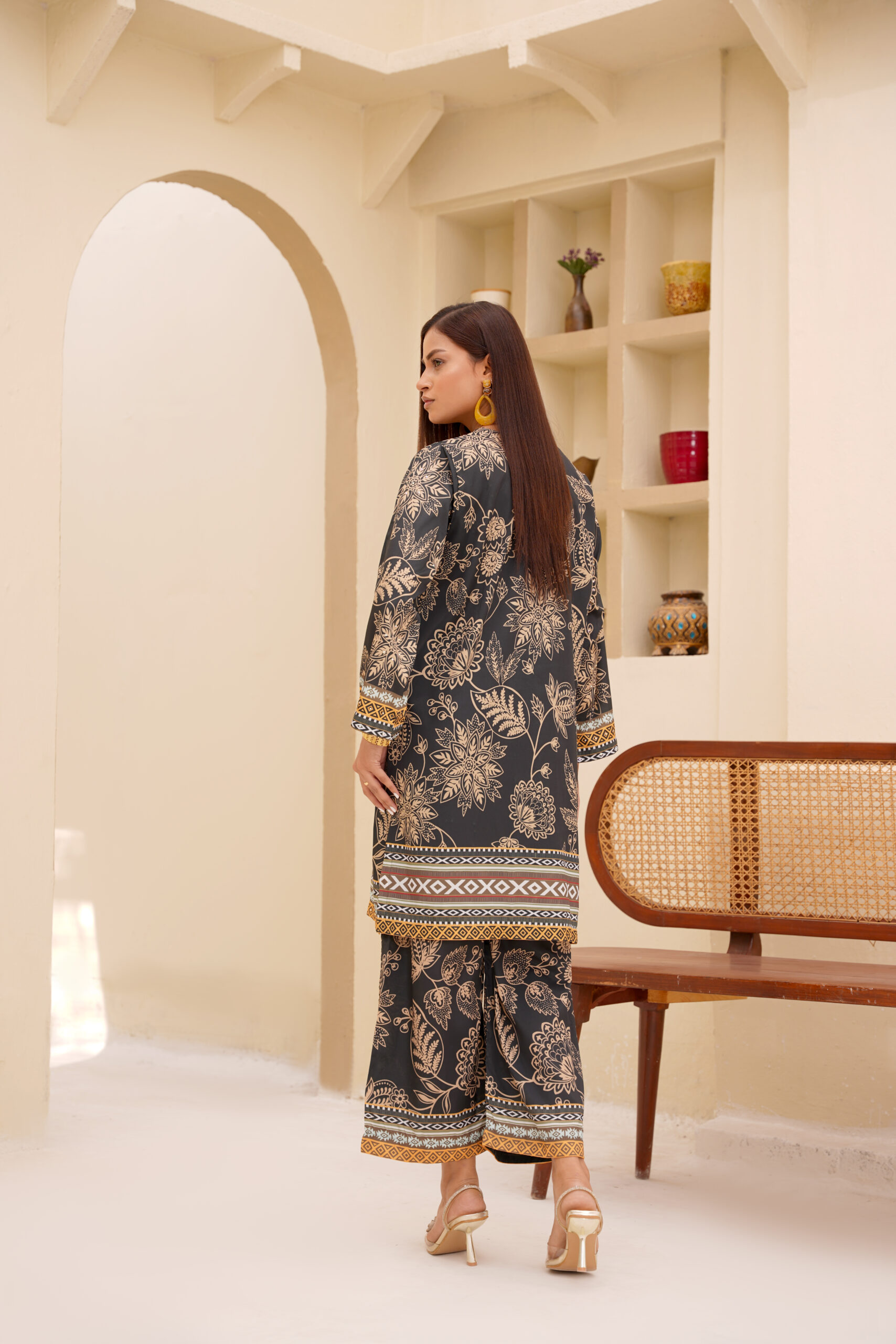 Golden Grace Printed Silk Two-Piece Set - Image 4