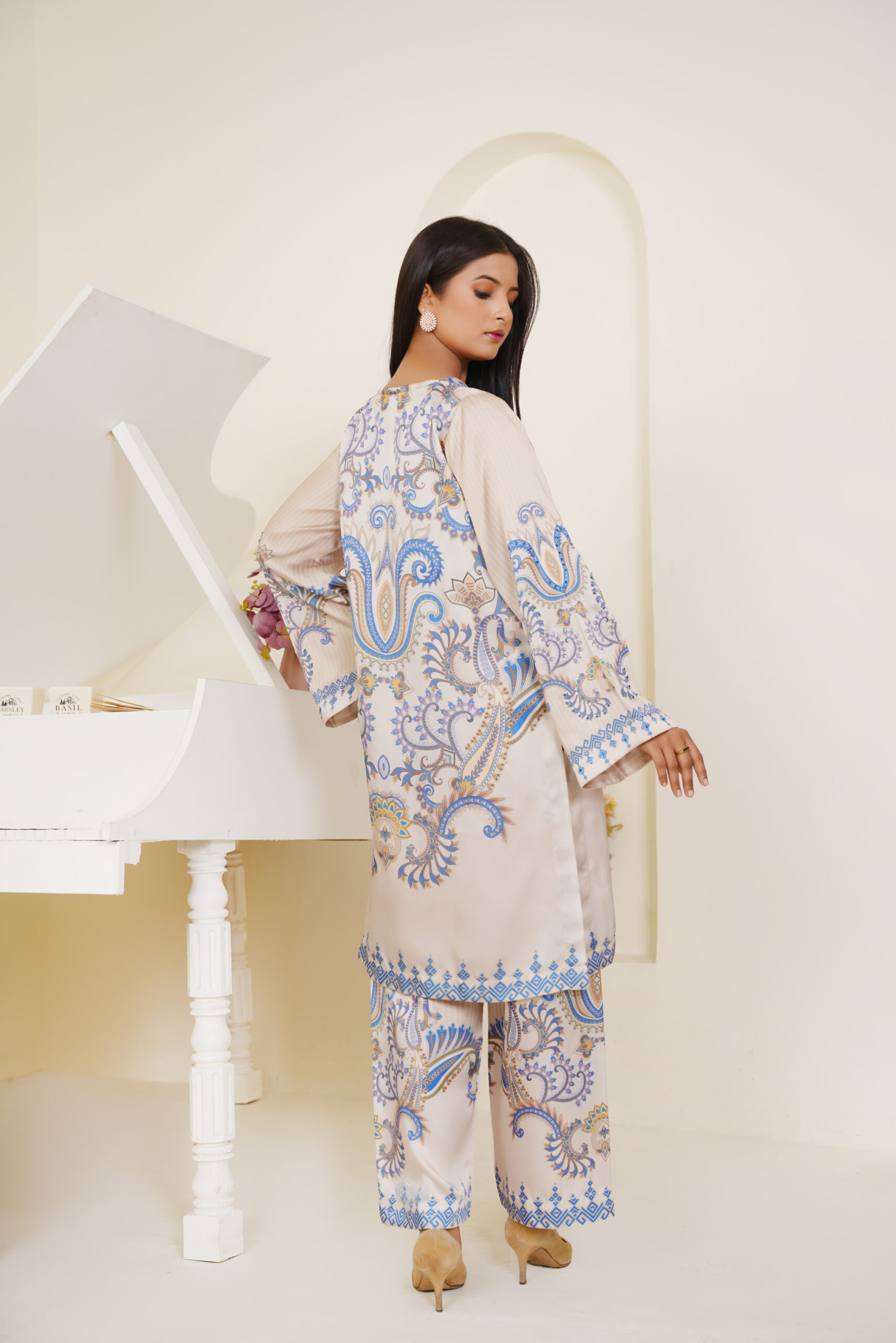 Ivory Elegance Printed Silk 2-Piece – Classic Blue & Gold Ensemble by Sophia’s Closet - Image 4