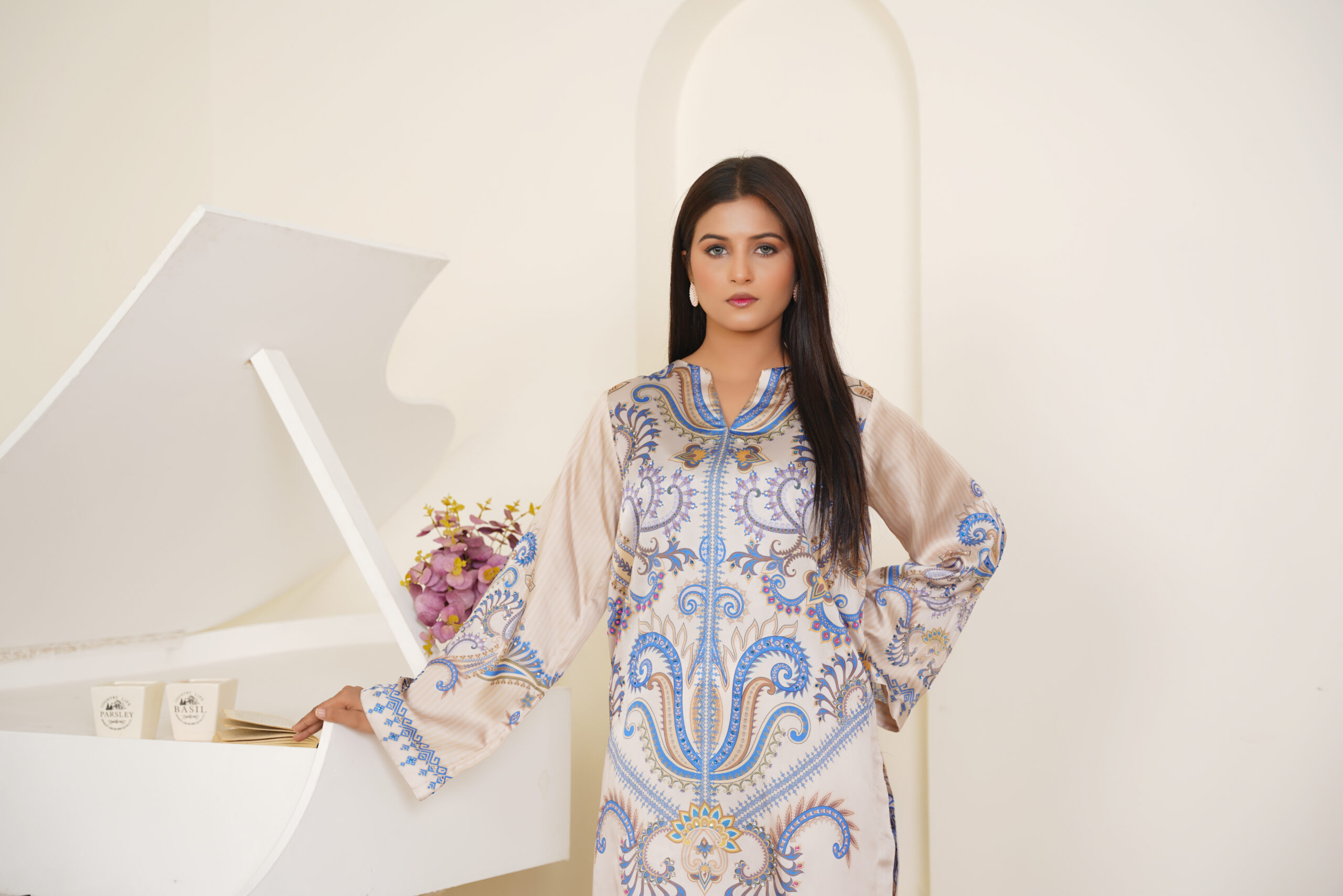 Ivory Elegance Printed Silk 2-Piece – Classic Blue & Gold Ensemble by Sophia’s Closet - Image 6