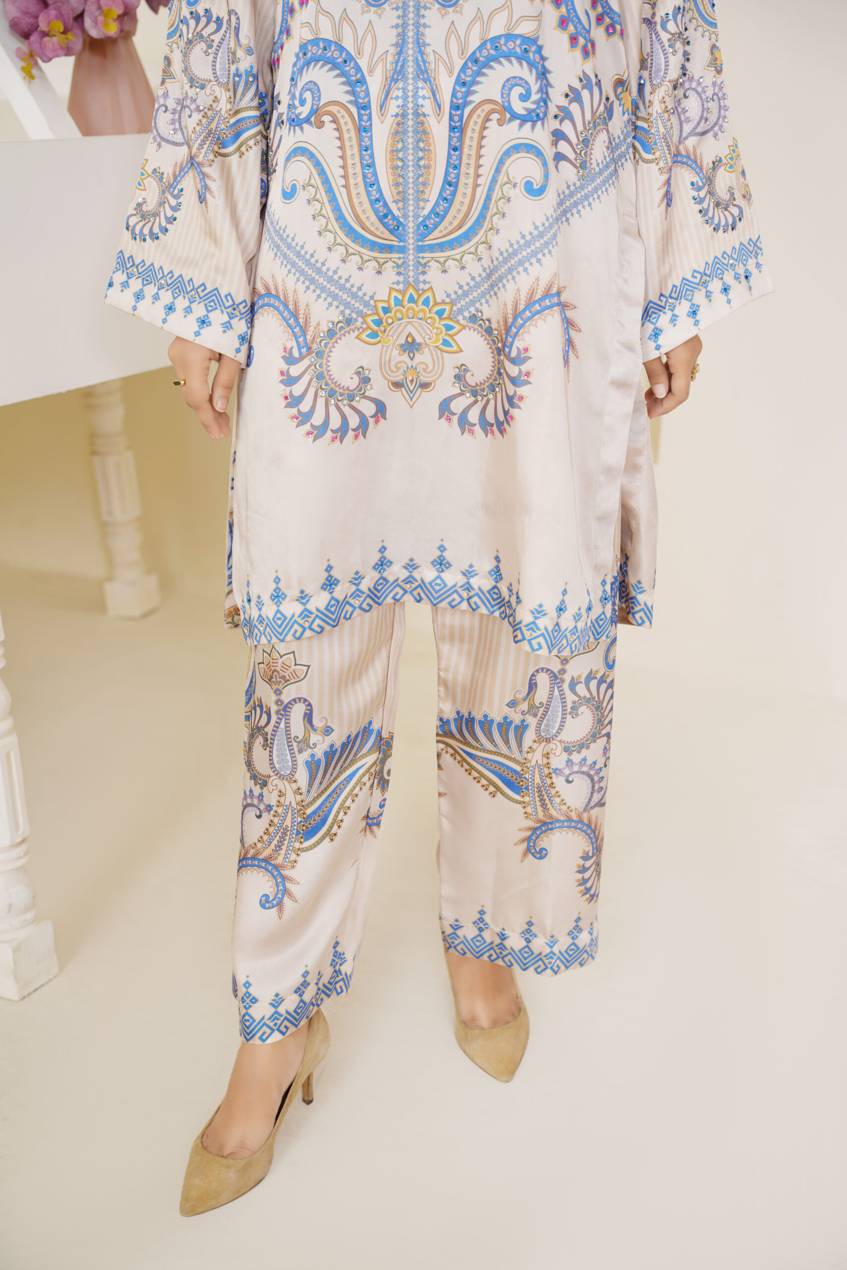 Ivory Elegance Printed Silk 2-Piece – Classic Blue & Gold Ensemble by Sophia’s Closet - Image 9