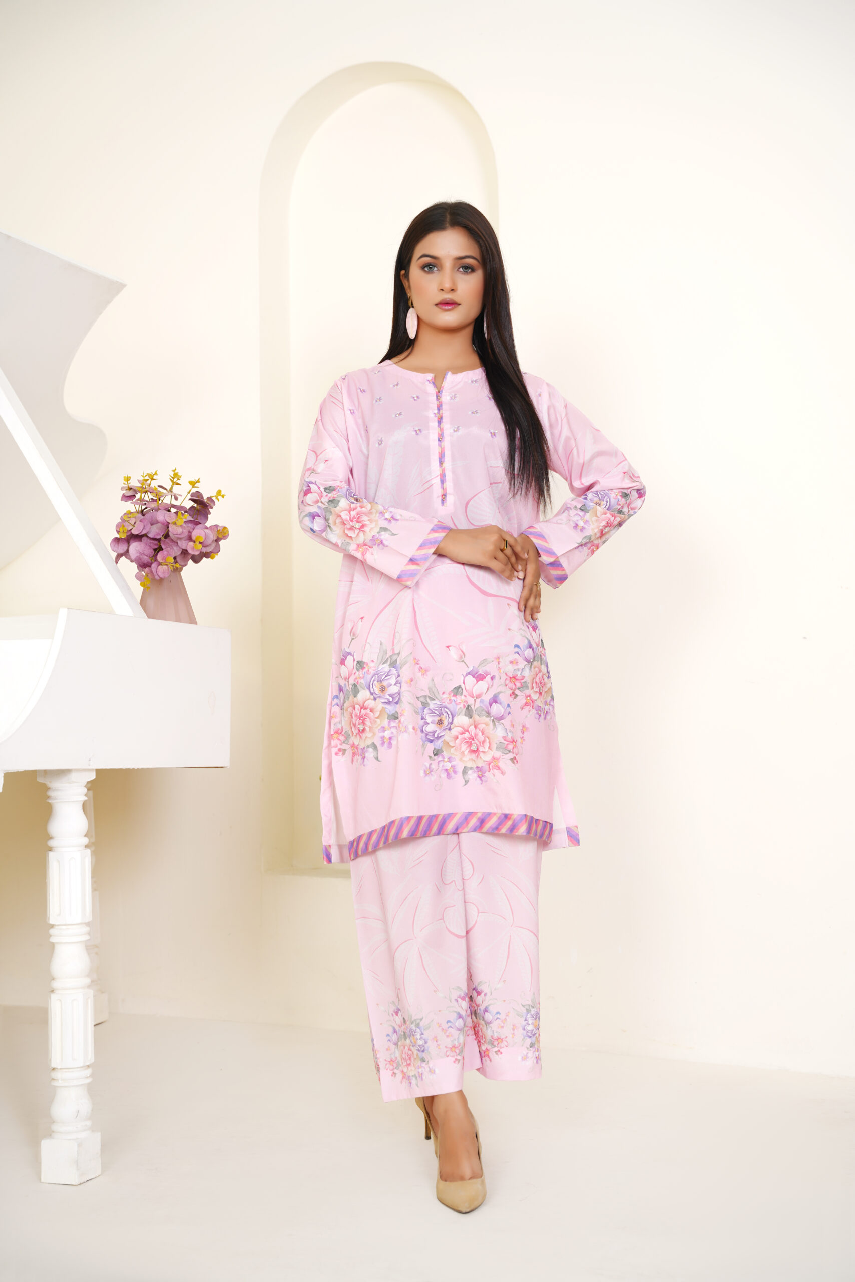 Luxury Pastel Pink Floral Printed Silk 2-Piece Suit
