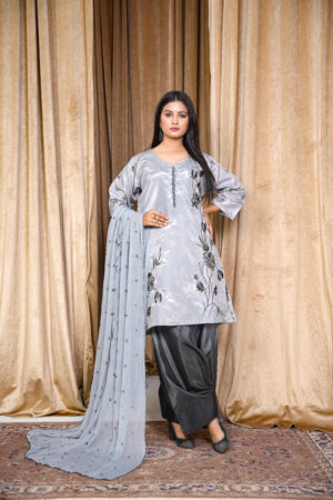 Silver Grey Embroidered Silk Suit with Matching Dupatta