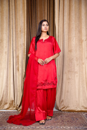 Crimson Elegance Embroidered Silk Suit – 3-Piece Festive Set